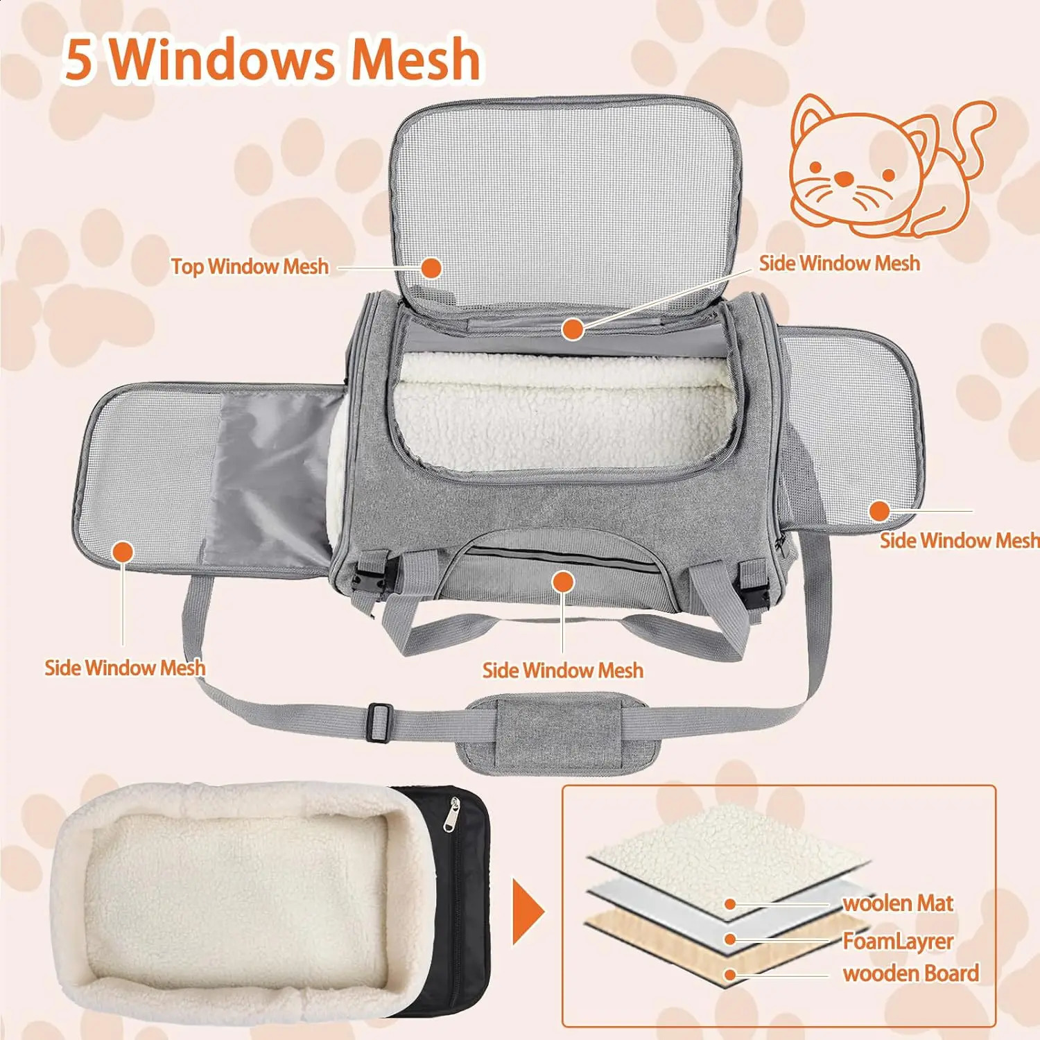 Pet Carrier Bag Airline Approved Up for Cats and Dogs Up to 20LBs Soft Cat Carrier Dog Carrier Travel Kitten Carrier with Mat 260828 - view 4