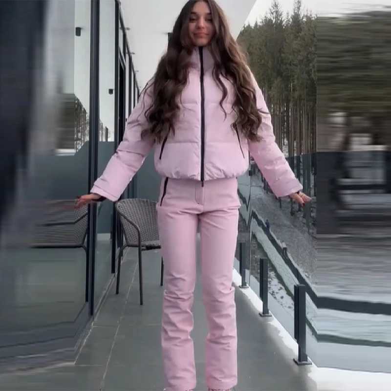 Pink Thicken Warm Women's Skiwear High Collar Hooded Cotton Padded Coats Straight Leg Zipper Pants 2025 New Winter Lady Ski Suit C260829