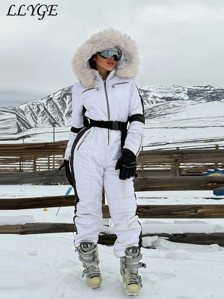 Ski Warm Hooded Women's Belted Suits One-Piece Stand Collar Full Sleeve Pockets Jumpsuits 2025 2026 Lady Chic Ski Wear Jumpsuit C260829 - view 7