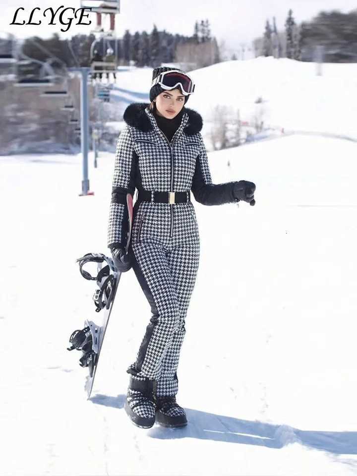 Ski Warm Hooded Women's Belted Suits One-Piece Stand Collar Full Sleeve Pockets Jumpsuits 2025 2026 Lady Chic Ski Wear Jumpsuit C260829 - view 3