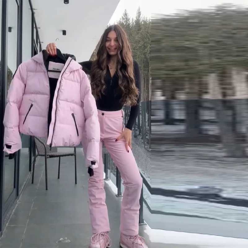 Pink Thicken Warm Women's Skiwear High Collar Hooded Cotton Padded Coats Straight Leg Zipper Pants 2025 New Winter Lady Ski Suit C260829 - view 3