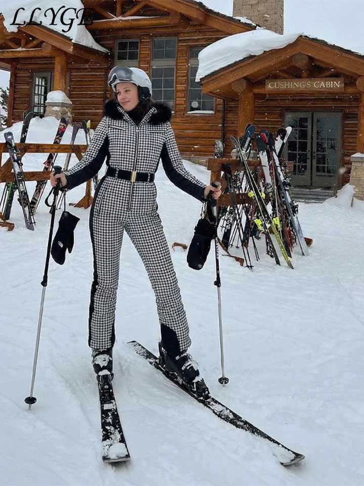 Ski Warm Hooded Women's Belted Suits One-Piece Stand Collar Full Sleeve Pockets Jumpsuits 2025 2026 Lady Chic Ski Wear Jumpsuit C260829 - view 5