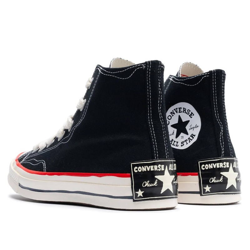 Converse Chuck 70 Men Women Canvas Sneakers, Black High Top Lace Up Shoes, Red Blue Contrast Trim Off White Laces Retro Street Style Casual Board Shoe - view 4