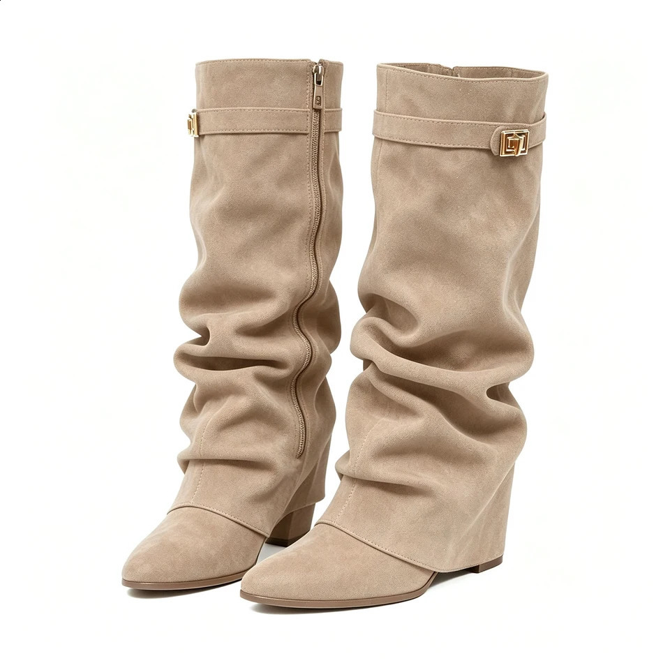 Women's Fold Over Slouch Knee High Boots Retro Faux Suede Pointed Toe Block Heel Tall Boots Shoes 260831