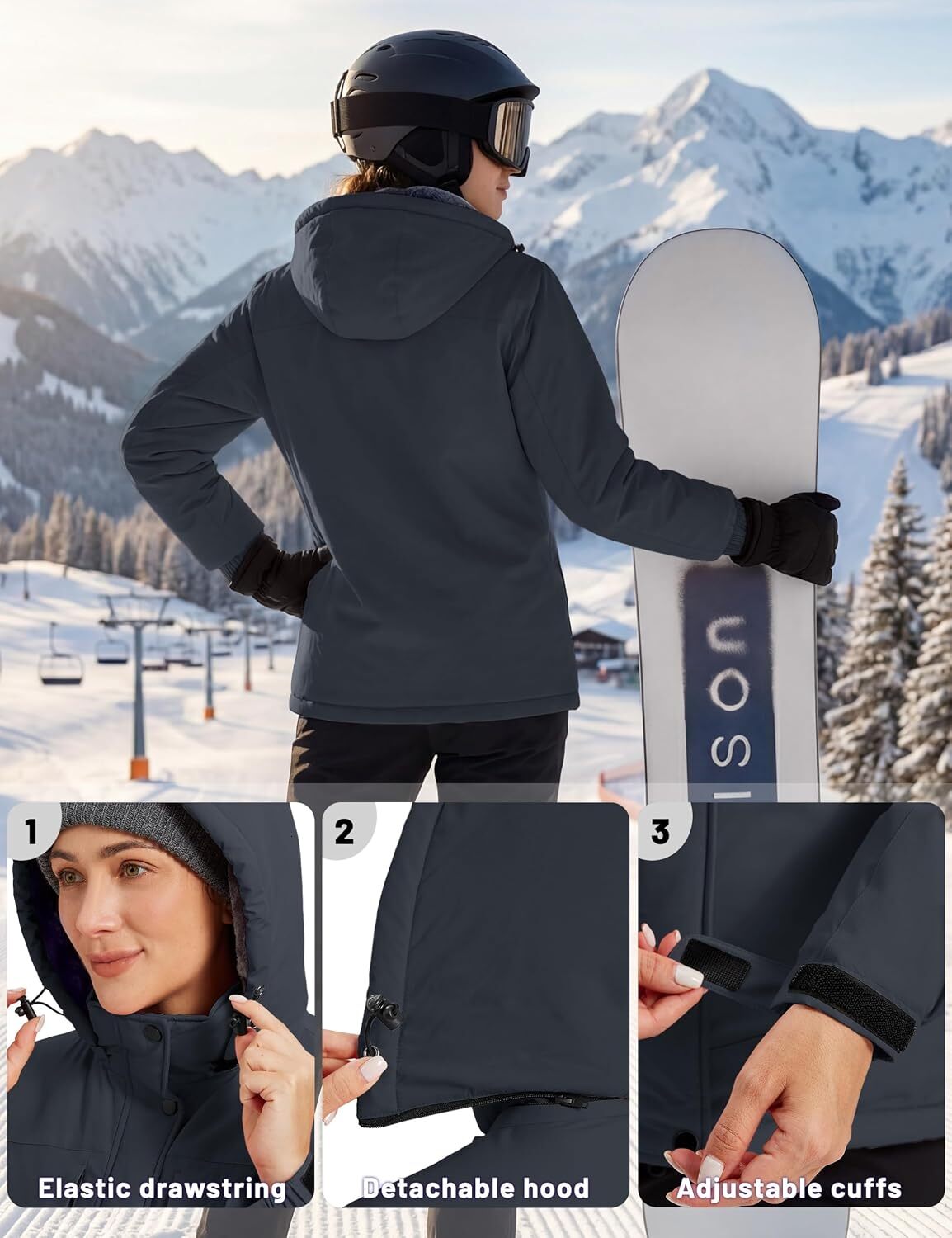 Women's Snow Ski Jacket Winter Warm Fleece Coat with Hood | Waterproof Raincoat Windproof Windbreaker Outerwear for Mountain Snowboard Hiking Fis - view 7