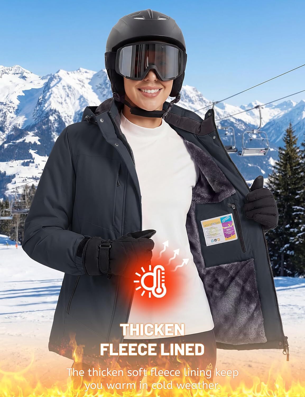 Women's Snow Ski Jacket Winter Warm Fleece Coat with Hood | Waterproof Raincoat Windproof Windbreaker Outerwear for Mountain Snowboard Hiking Fis - view 3