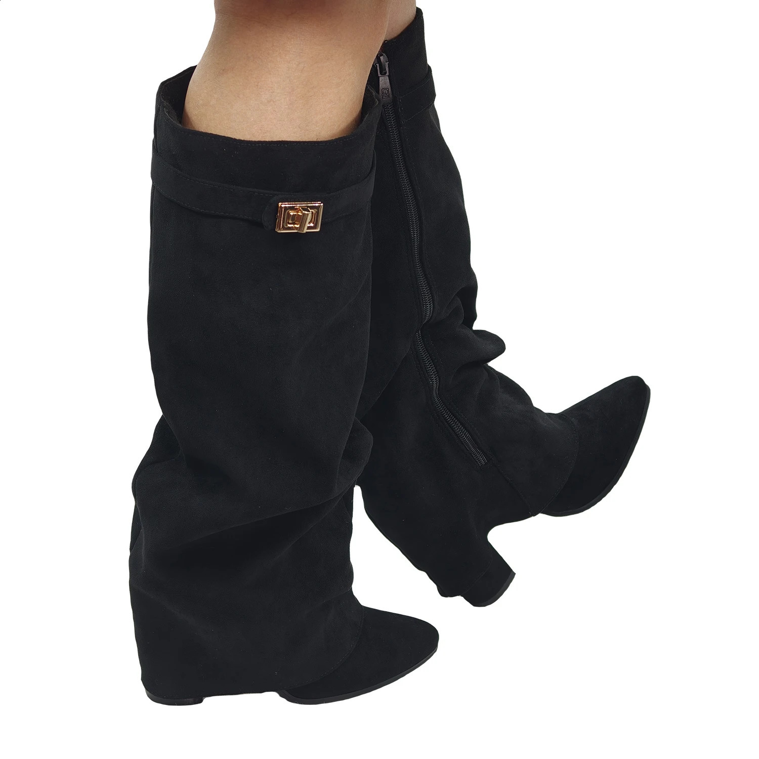 Women's Fold Over Slouch Knee High Boots Retro Faux Suede Pointed Toe Block Heel Tall Boots Shoes 260831 - view 4