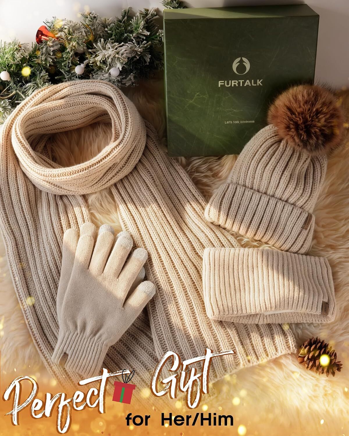 Winter Hat Gloves Scarf Headband Set for Women 4 in 1 Gift | Pom Beanie & Cold Weather Set. Warm Knitted Fleece Lining, Acrylic Touchscreen Gloves, St - view 6