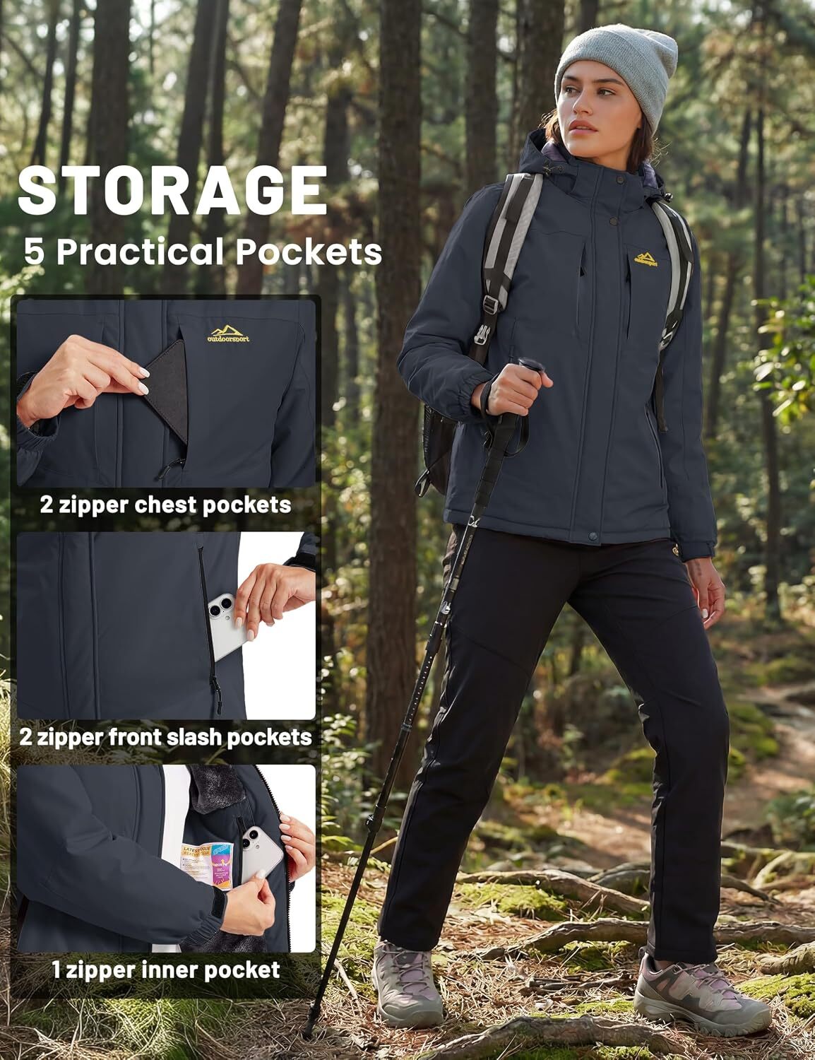 Women's Snow Ski Jacket Winter Warm Fleece Coat with Hood | Waterproof Raincoat Windproof Windbreaker Outerwear for Mountain Snowboard Hiking Fis - view 6