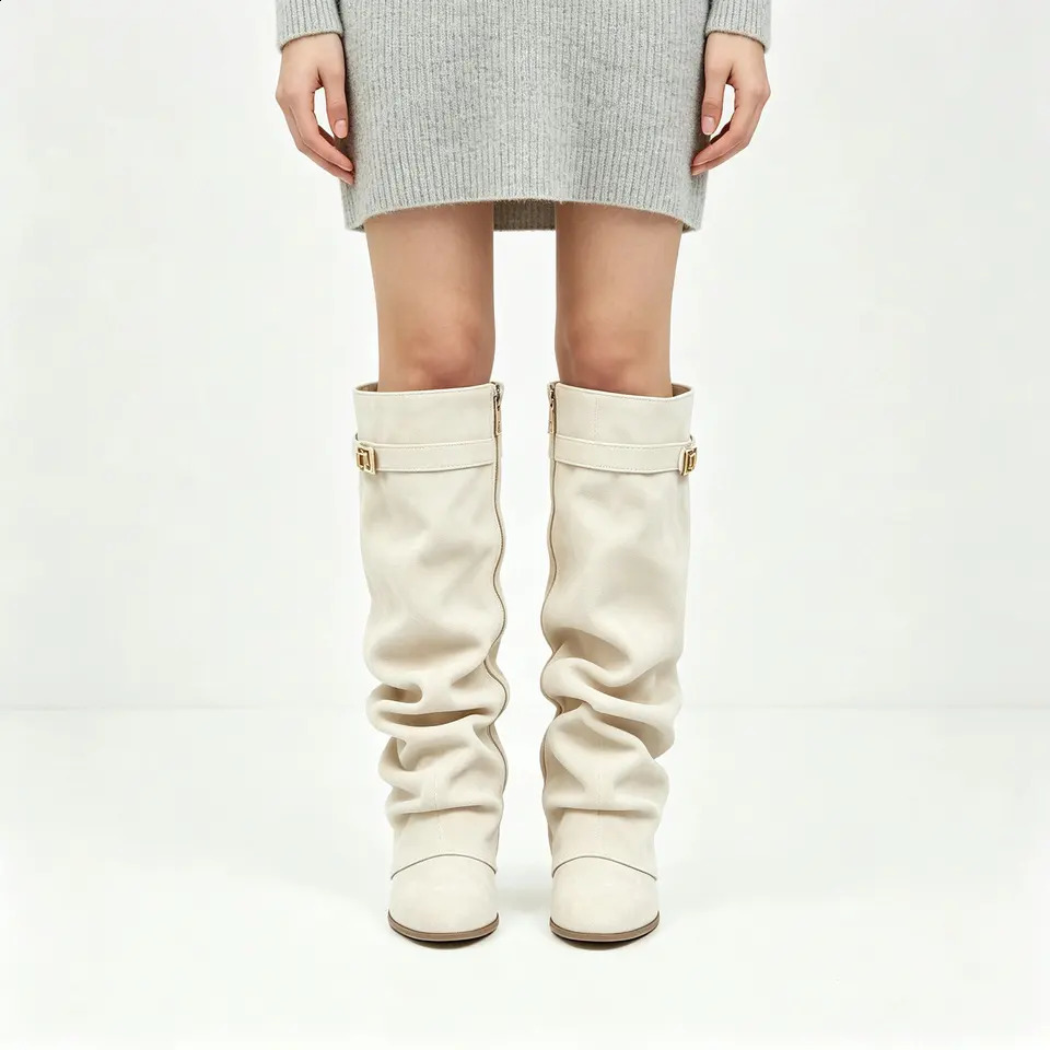 Women's Fold Over Slouch Knee High Boots Retro Faux Suede Pointed Toe Block Heel Tall Boots Shoes 260831 - view 6