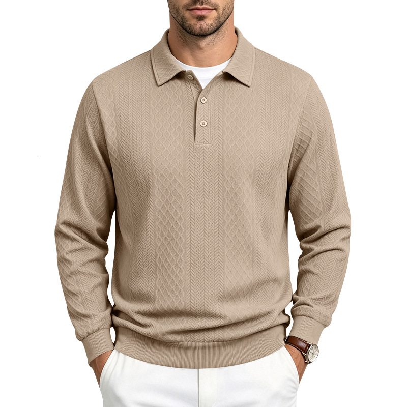 Designer autumn new product: American-style heavyweight men's textured polo shirt, collared sweatshirt, jacquard long-sleeve shirt - view 6