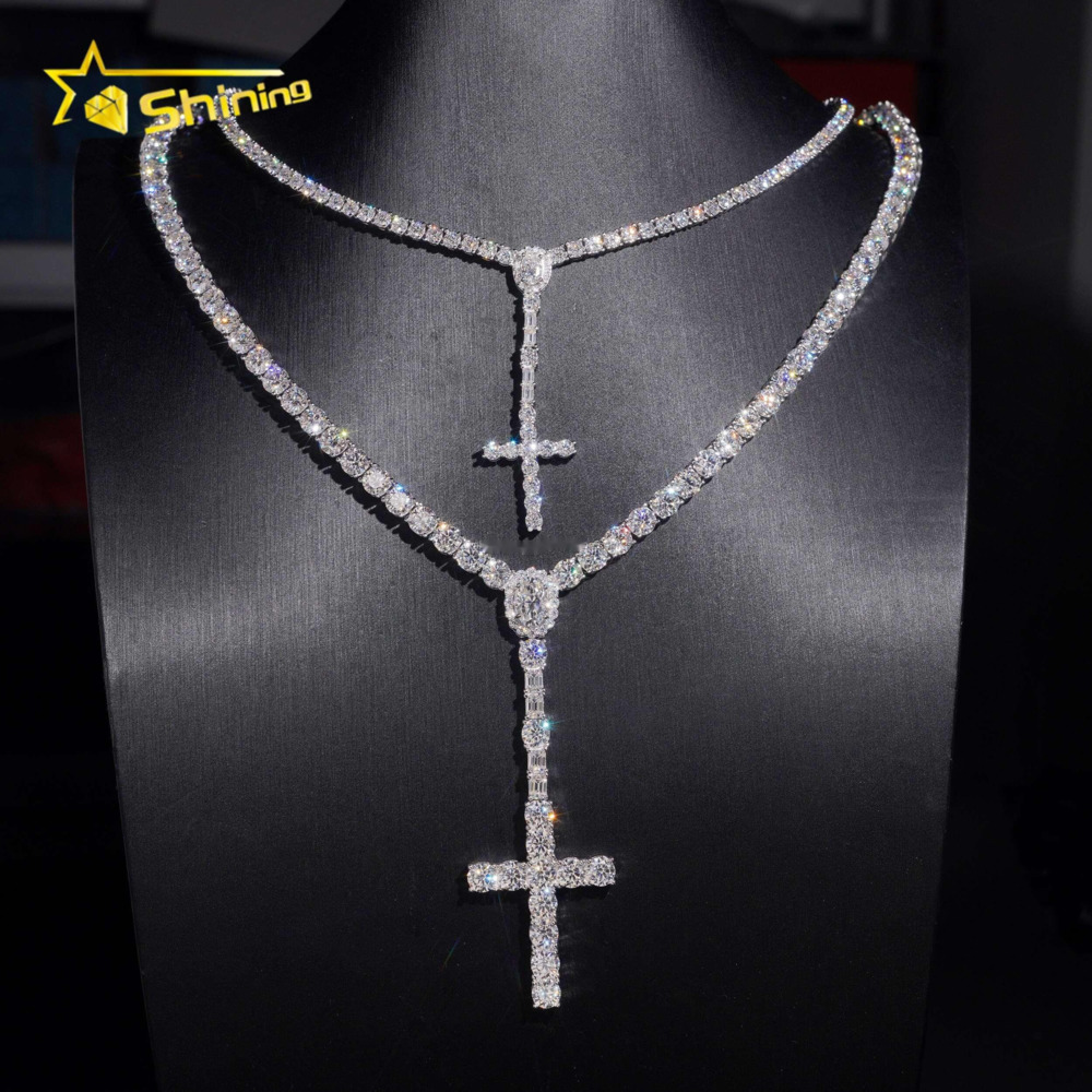 New Design Elegant Female Hip Hop Shining Jewelry 3mm 5mm VVS1 Moissanite 925 Sterling Silver Iced Out Cross Shape Tennis Chain