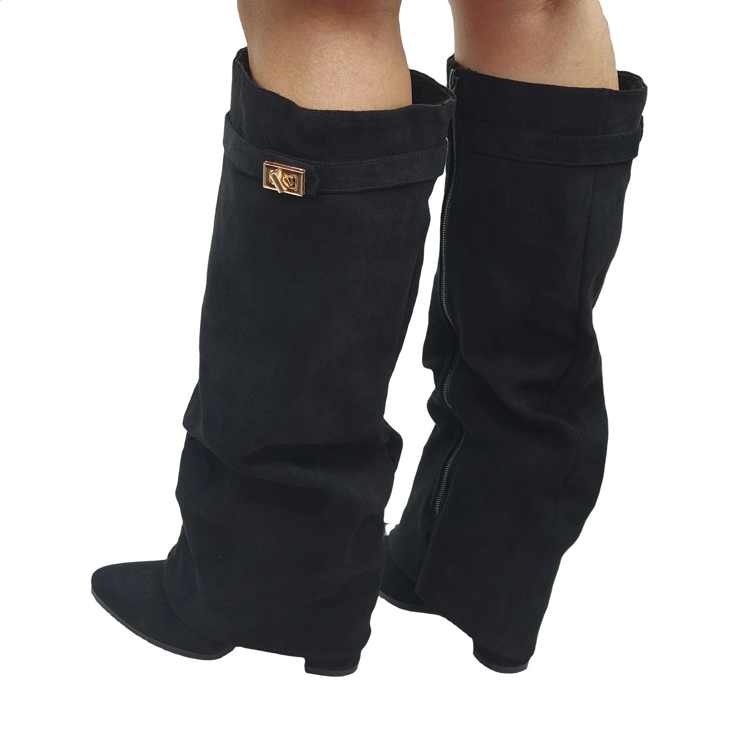 Women's Fold Over Slouch Knee High Boots Retro Faux Suede Pointed Toe Block Heel Tall Boots Shoes 260831 - view 5