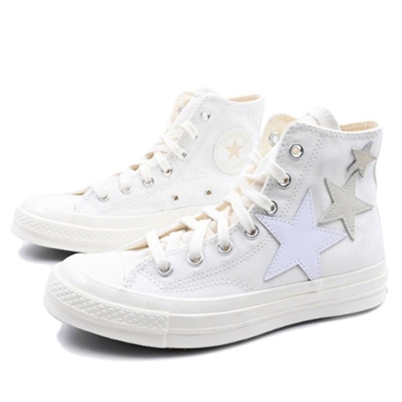 Converse All Star Men Women Canvas Sneakers, White High Top Lace Up Shoes, Multi Star Patch Applique Upper Street Style Casual Board Shoes - view 7