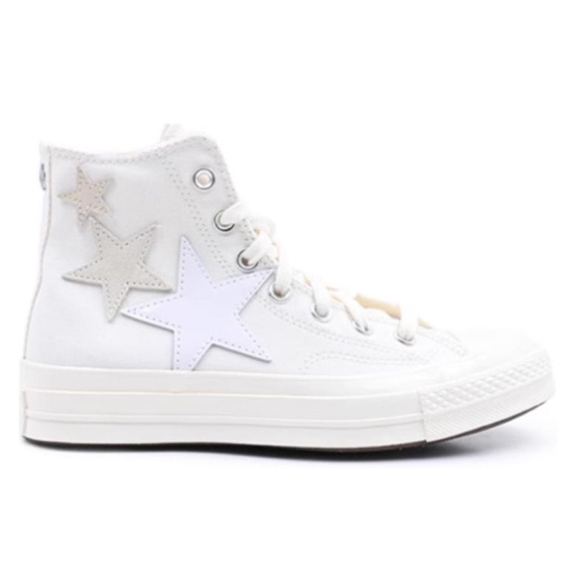 Converse All Star Men Women Canvas Sneakers, White High Top Lace Up Shoes, Multi Star Patch Applique Upper Street Style Casual Board Shoes - view 3