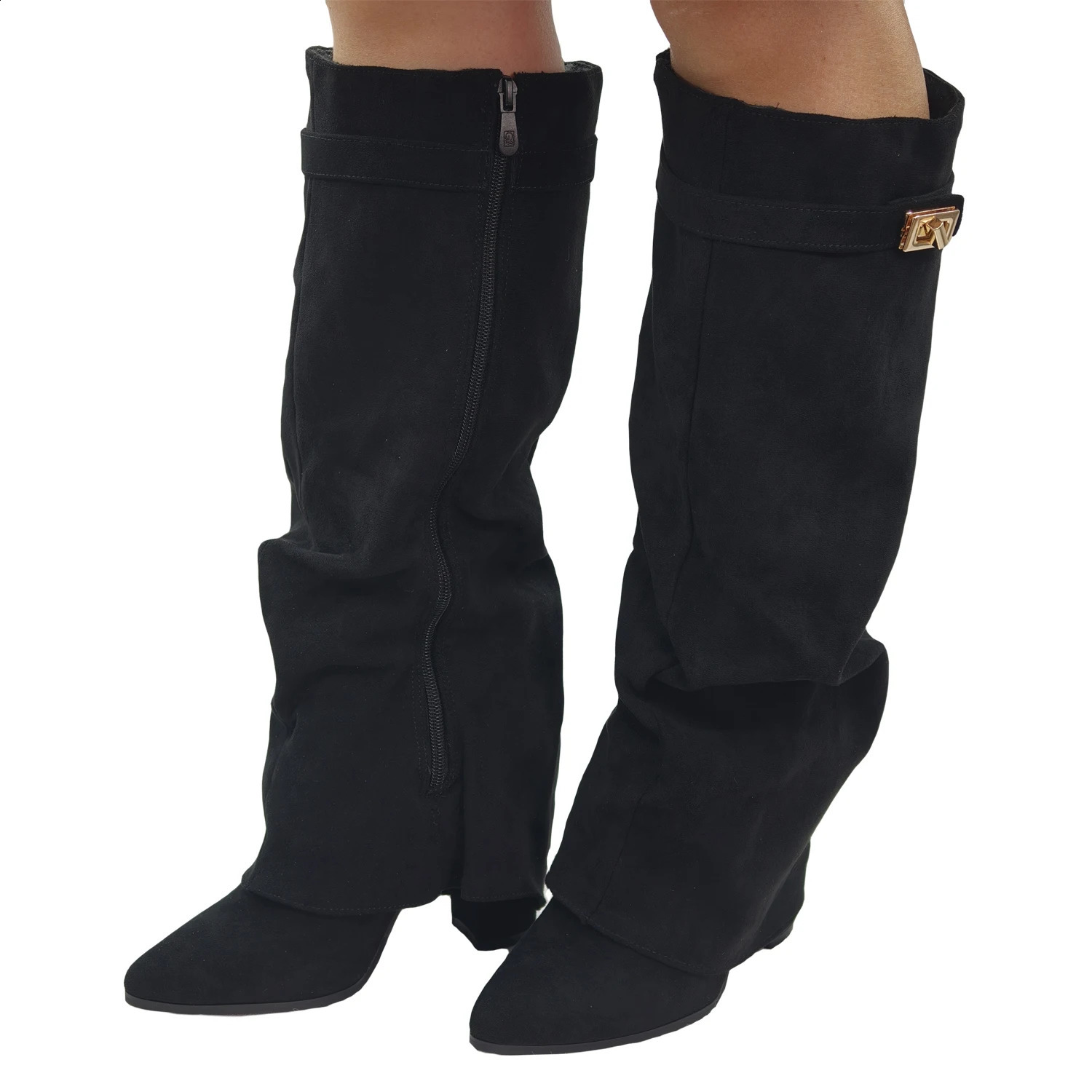 Women's Fold Over Slouch Knee High Boots Retro Faux Suede Pointed Toe Block Heel Tall Boots Shoes 260831 - view 3
