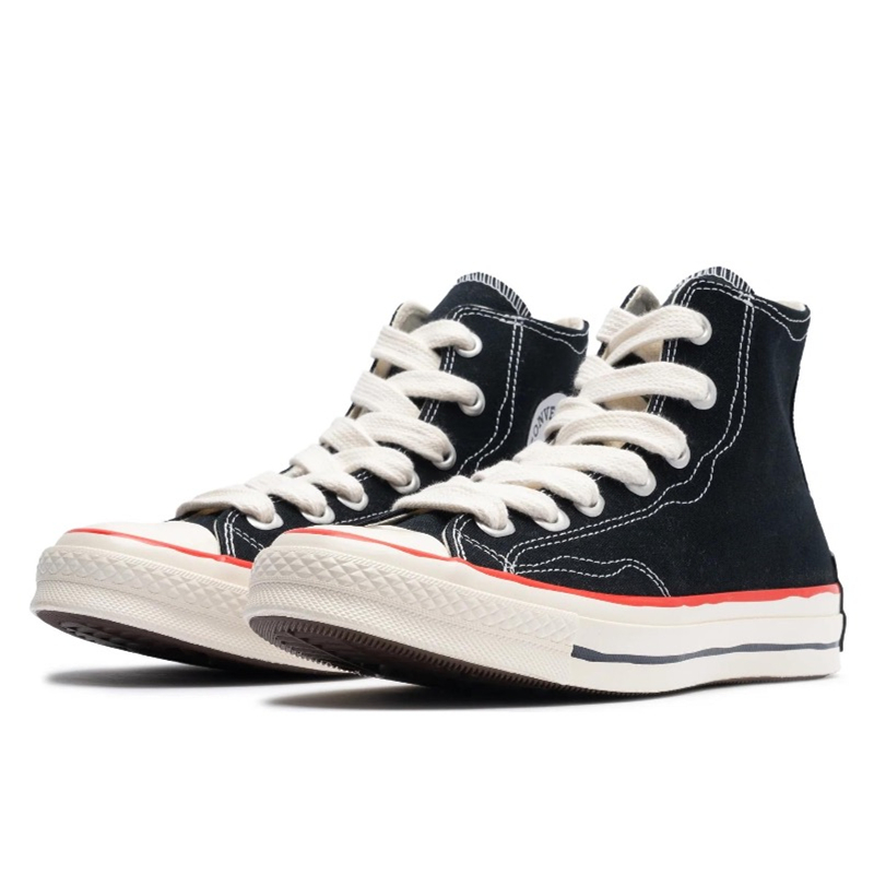 Converse Chuck 70 Men Women Canvas Sneakers, Black High Top Lace Up Shoes, Red Blue Contrast Trim Off White Laces Retro Street Style Casual Board Shoe - view 3