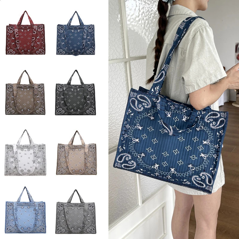 Women Paisley Print Quilted Tote Bag Large Capacity Casual Shoulder Handbag Vintage Bandana Pattern Commuter Shopping 260831 - view 7