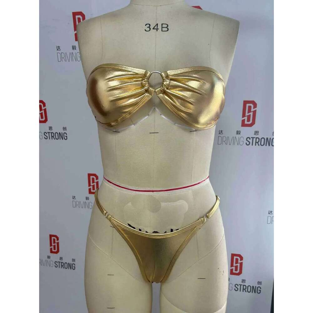 Sexy Bandeau Bikini 2025 Women Gold Black Metal Ring Linked Hollow Out Push Up Micro Swimsuit Shiny Bathing Suit Thong Swimwear Z260301