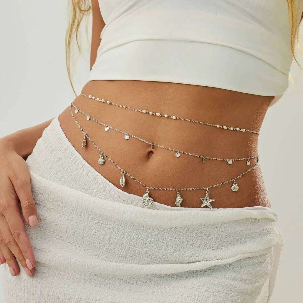 SHIXIN 3 Pcs/Set Boho Conch Starfish Tassel Pendant Waist for Women Sexy Bikini Multilayer Belly Chain Summer Body Jewelry H260228