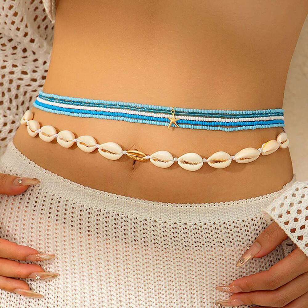 6Pcs Boho Acrylic Mixed Color Seed Bead Beaded Waist Fashion Plastic Shell Belly Chain Women's Summer Beach Body Jewelry H260228