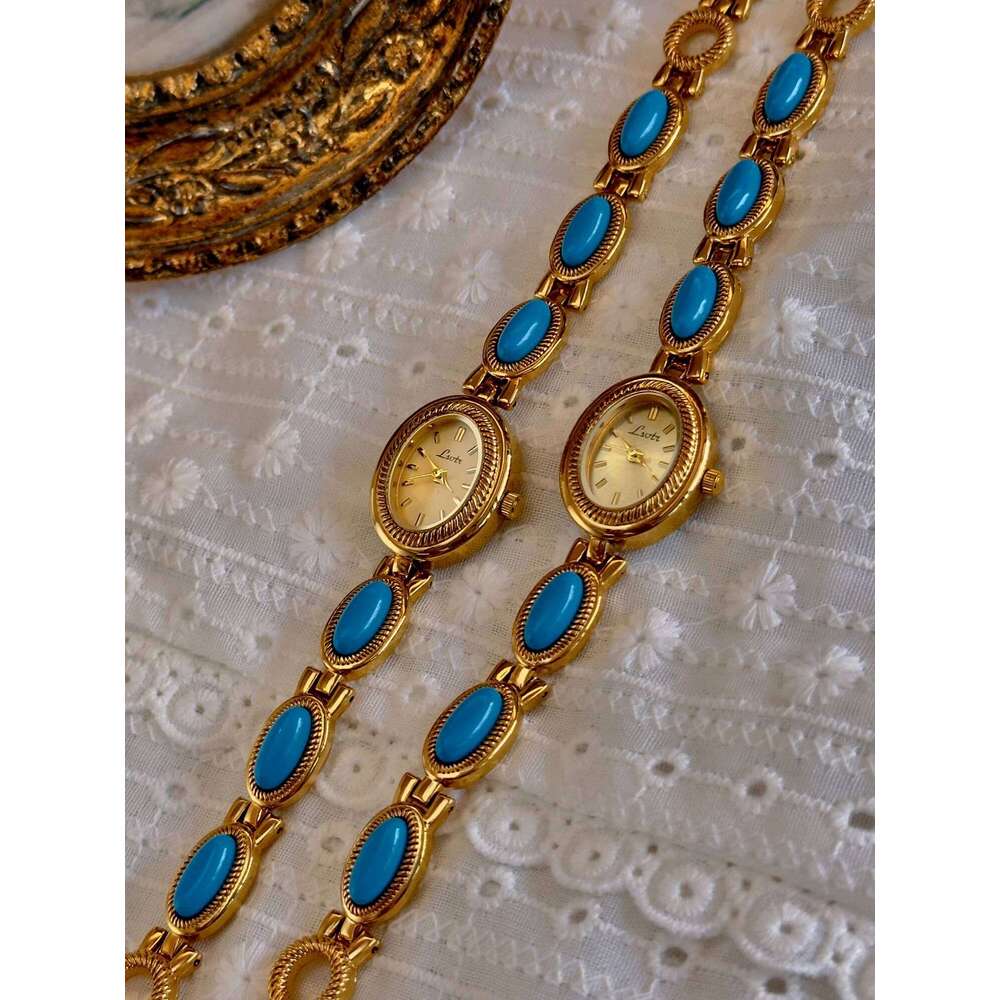 1 Piece of French Fashionable and Elegant Women's Artificial Turquoise Stone Inlaid Strap 30m Waterproof Oval Quartz with Classic Retro Dial, Sui