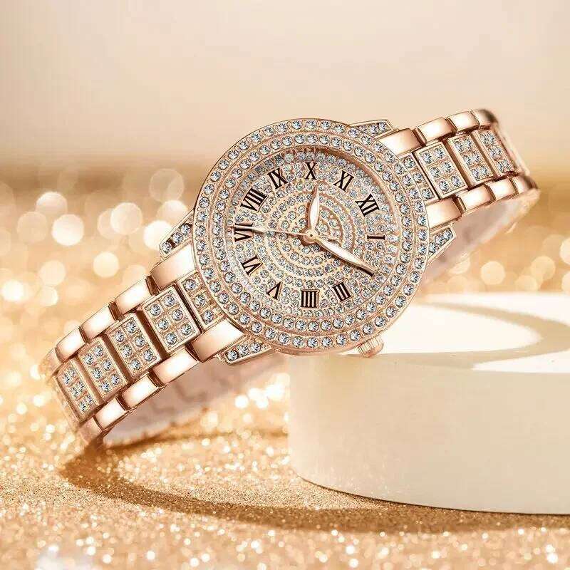 Fashion Wristes Relojes Para Mujer Classic Golden Women Alloy Strap Round Rhinestone Dail Quartz es H260228
