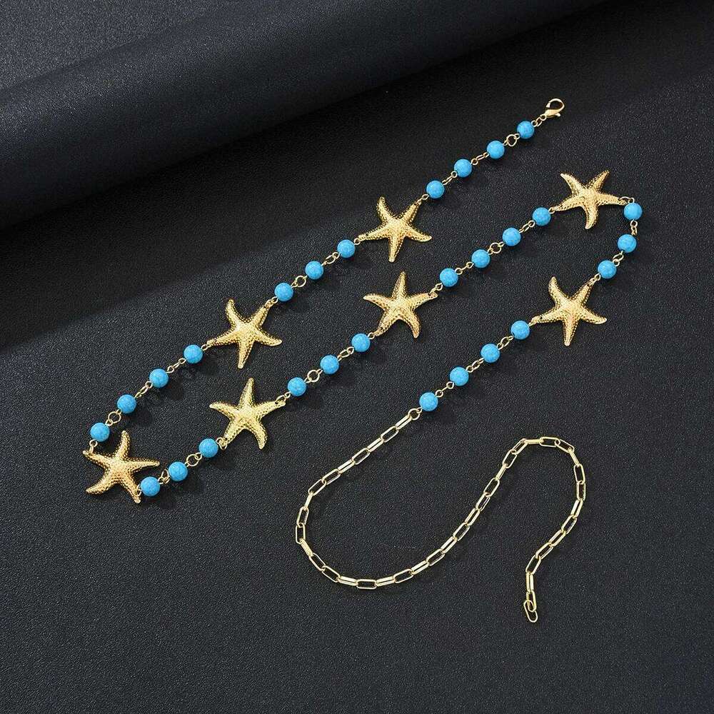 Bohemian Turquoise Starfish Waist for Women Trendy Temperament Gold Color Belly Chain Summer Beach Bikini Body Jewelry New H260228