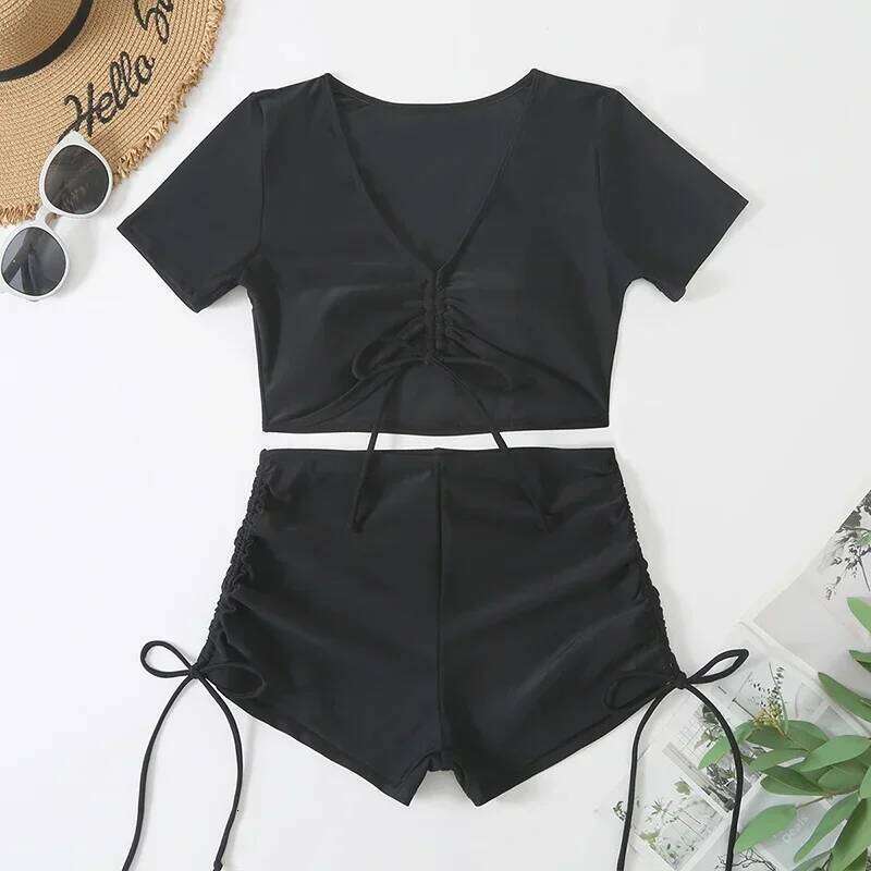 Black Drawstring Swimwear Bikinis Sets Mujer 2026 Crop Top Shorts Bottom Swimsuit Women Sexy Bathing Suit Beachwear Bikini Swim Z260301
