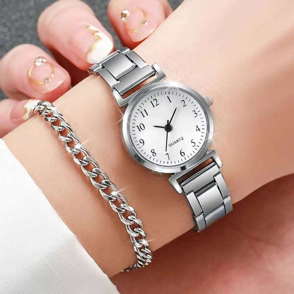 2PCS/Set Fashion Silver Alloy Band Women's Arabic Dial Female Quartz es Chain s SetWithout Box H260228