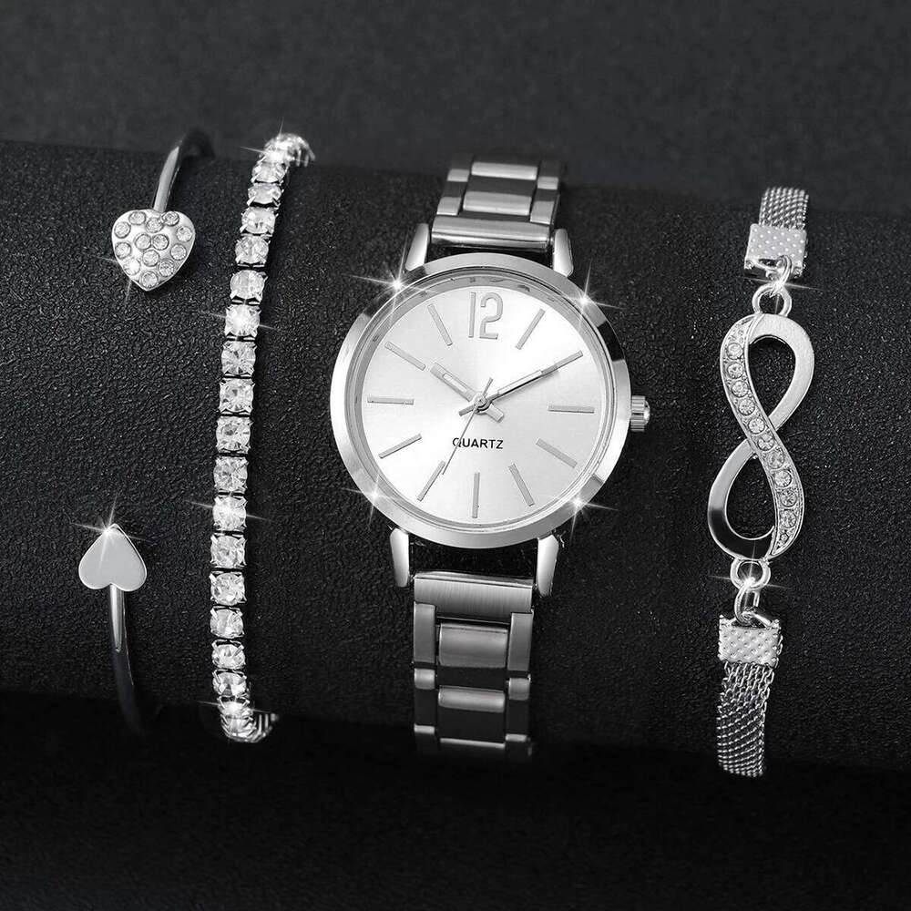 4PCS Fashion Women's Silver Steel Band Ladies Quartz es Rhinestone Bangles SetWithout Box H260228