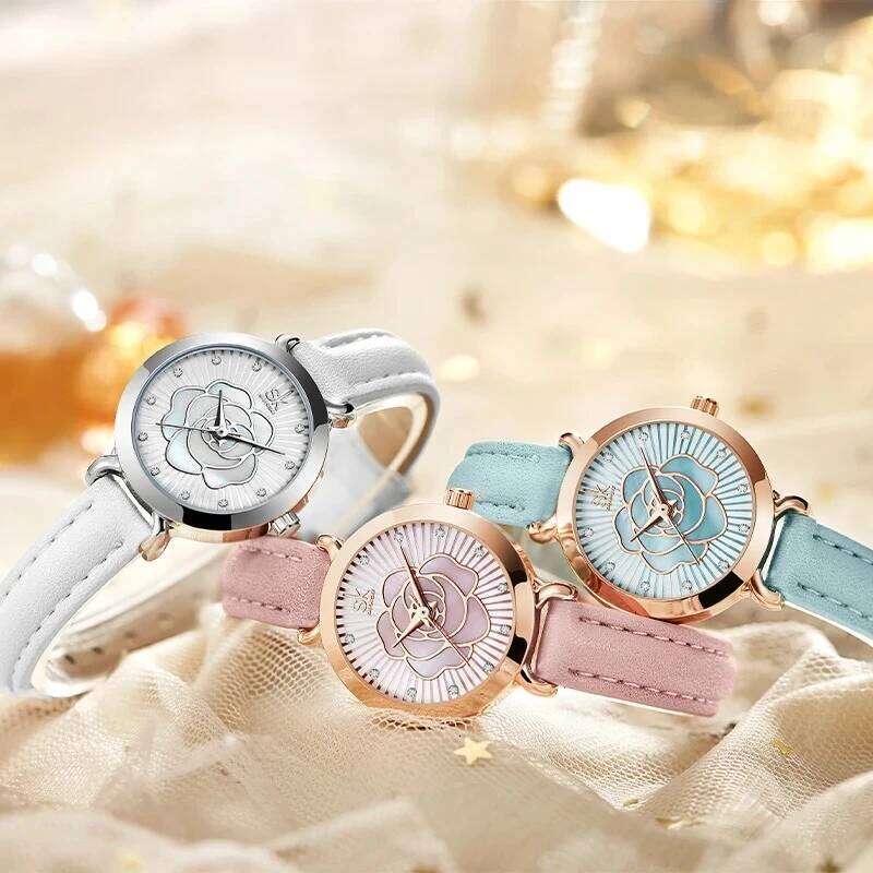 Women Brand New White Leather Montre Femme Elegant Colorful Flower Dial es Japan Movement Quartz H260228