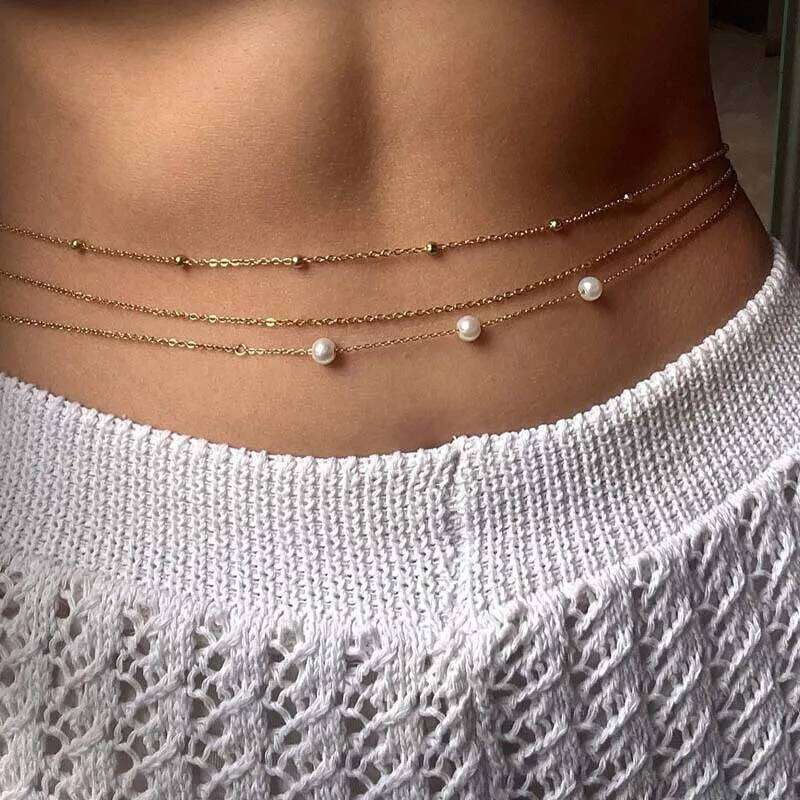 Sexy Metal Multilayer Pearl Beaded Waist for Women Fashion Silver Color Bead Thin Belly Chain Body Jewelry Gifts H260228