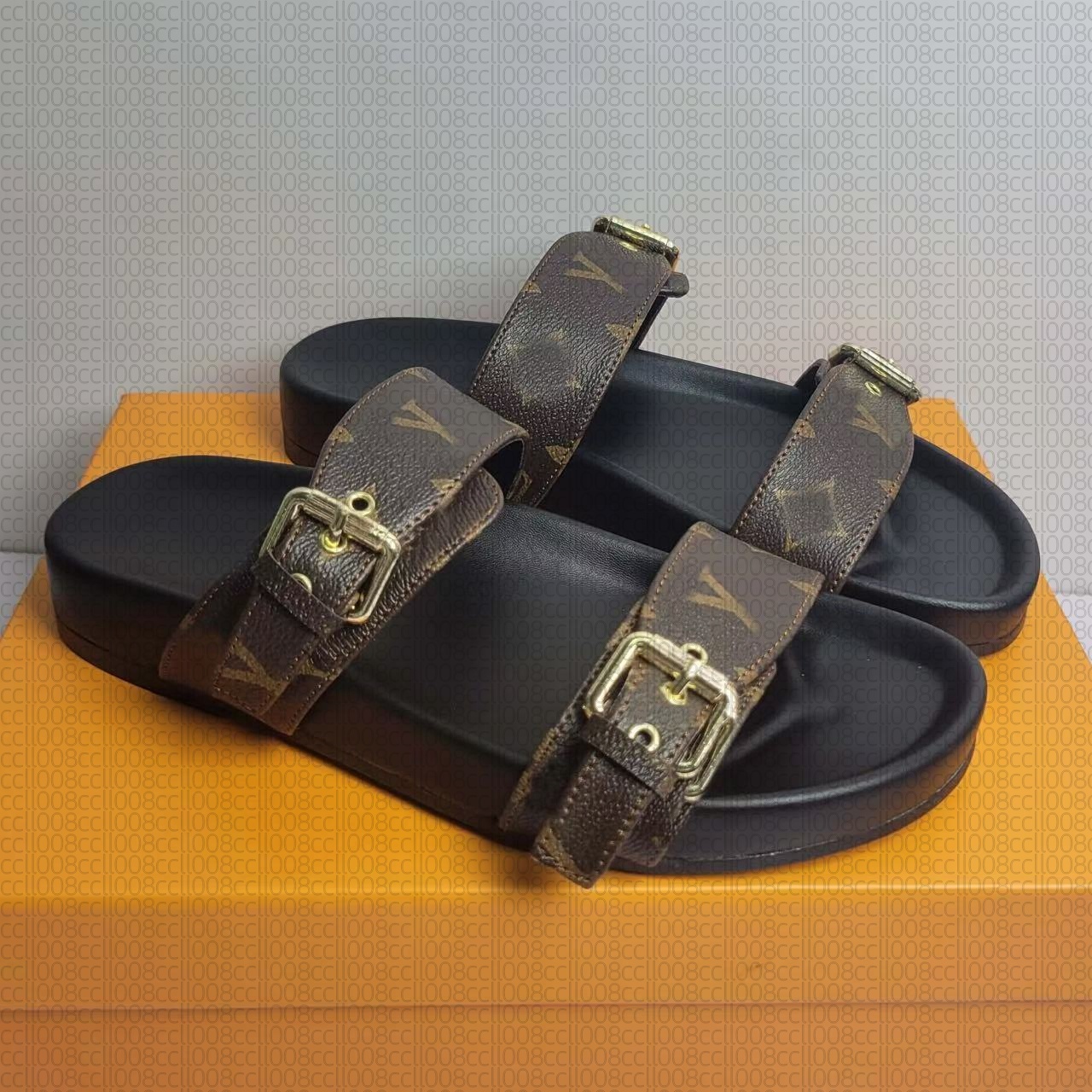 2026 Summer New Beach Cow Leather Sandals Brown Slippers Fashion Platform Flat Slip-on Casual Outdoor Letter Print 2 Straps Adjusted Gold Buckles Shoes With Dustbag