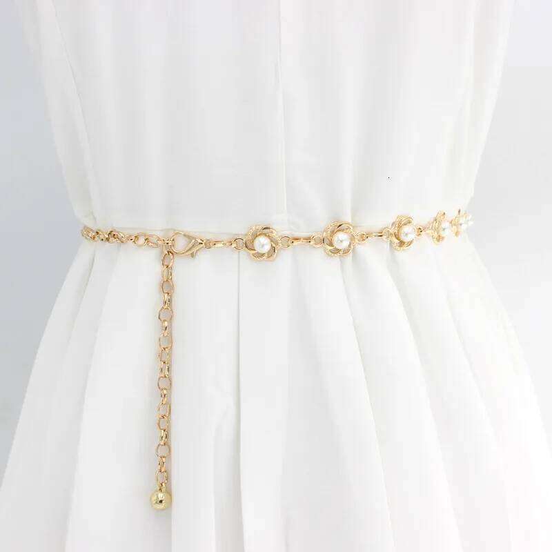 Thin Knotted Belts For Women Dress Beaded Hook Women'S Waist Chain Fashion Pearl Decoration Metal Belt H260228