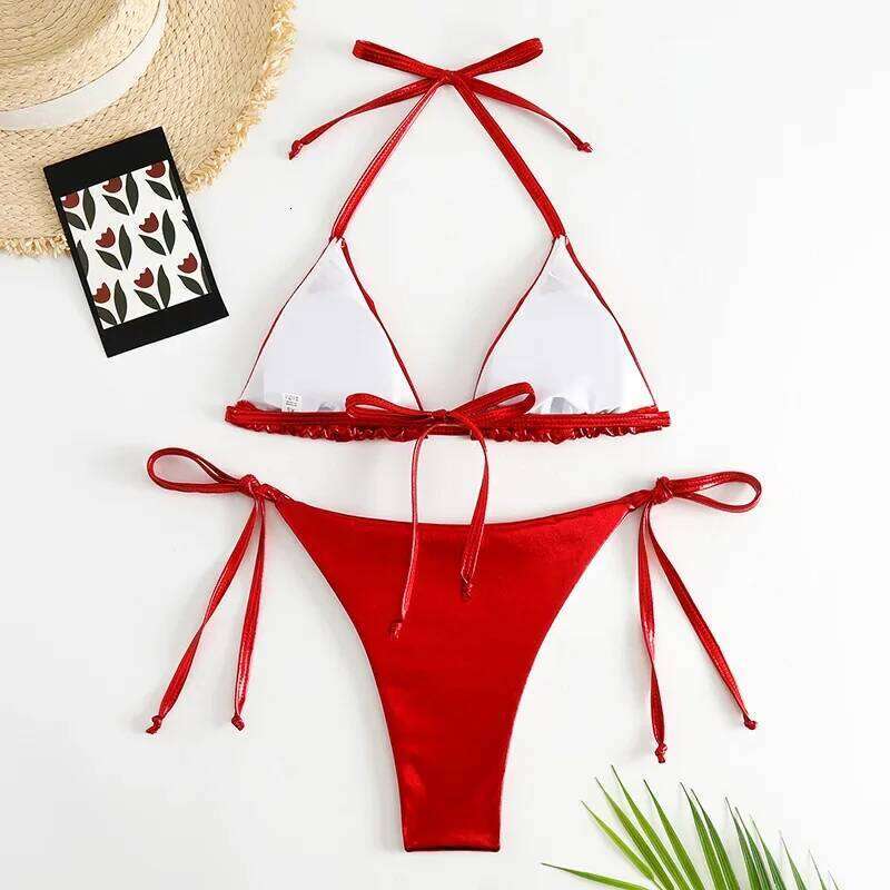 Sexy Red Shiny Triangle Micro Thong Bikinis Sets for Women Mini Swimwear Bathing Suits String Halter Bikini Mujer Swimsuit 2026 Z260301