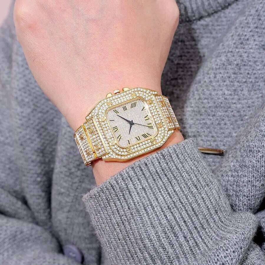 Fashion Full Diamond Square Quartz for Men Women Luxurious Stainless Steel Strap Rhinestone Studded Dial H260228