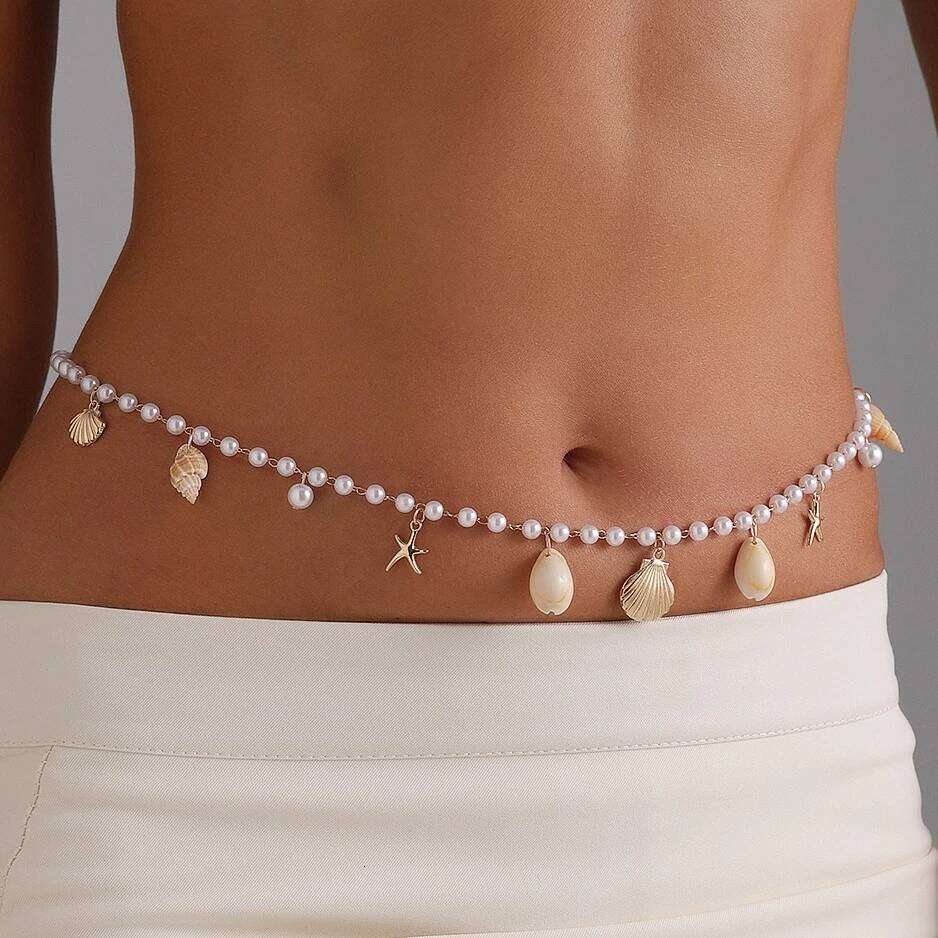 Mermaid Waist Chain Cultured Pearls Starfish Charm Adjustable Braid Beach Jewelry Lightweight Boho Stackable H260228