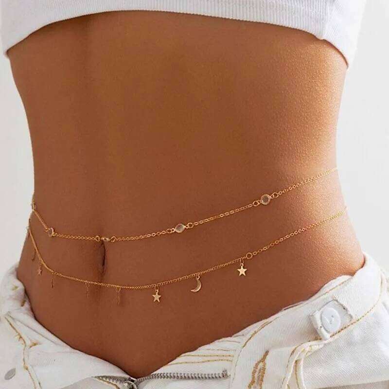 Sexy Metal Star Moon Double-Layer Waist for Women Girls Fashion Gold Color Crystal Tassel Belly Chain Bikini Body Jewelry H260228