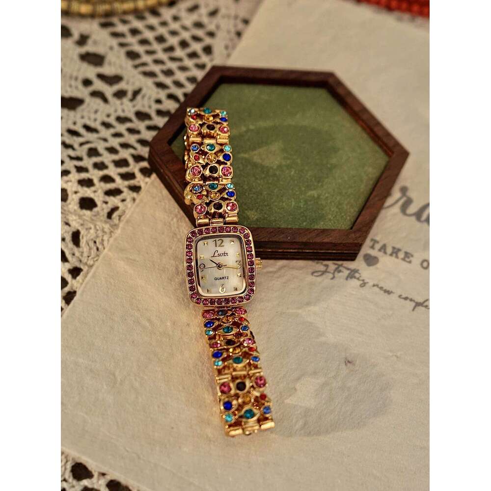 1 Piece French Fashionable and Elegant Women's Colorfulful Rhinestone Gemstone Inlaid Strap 30m Waterproof Square Quartz Mother-Of-Pearl Dial, Su