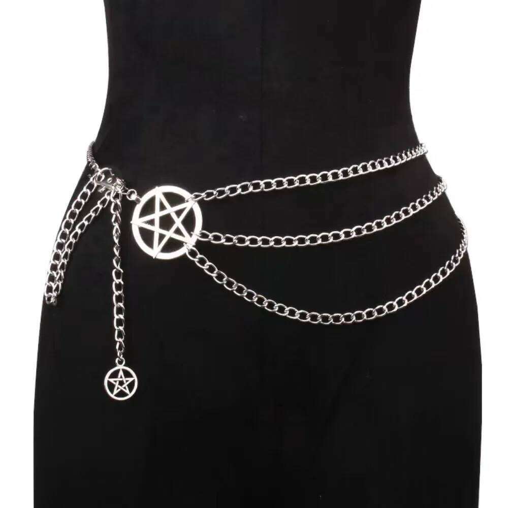 Vintage Alloy Women's Belt Belly Fashion Versatile Design Punk Retro Waist Chain with Double Star Pendant Metal Chains H260228