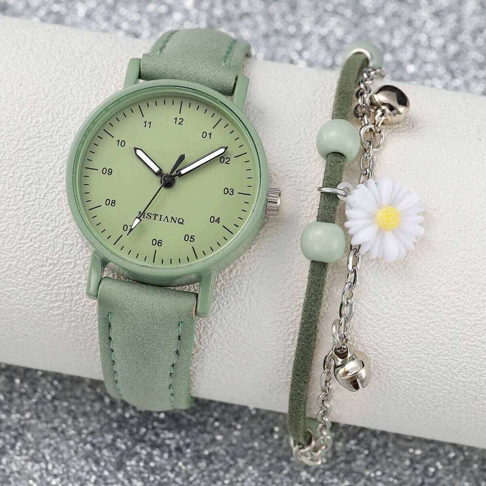 2PCS/Set Women's Fashion Arabic Dial Leather Band Quartz es Flower Set H260228