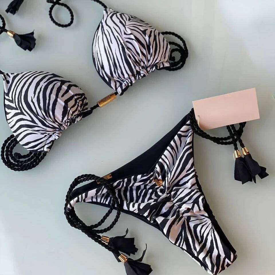 Sexy Leopard Print Bandage Triangle Push Up Tie Bikini Set Summer Beach Outfit Thong Swimsuit Z260301