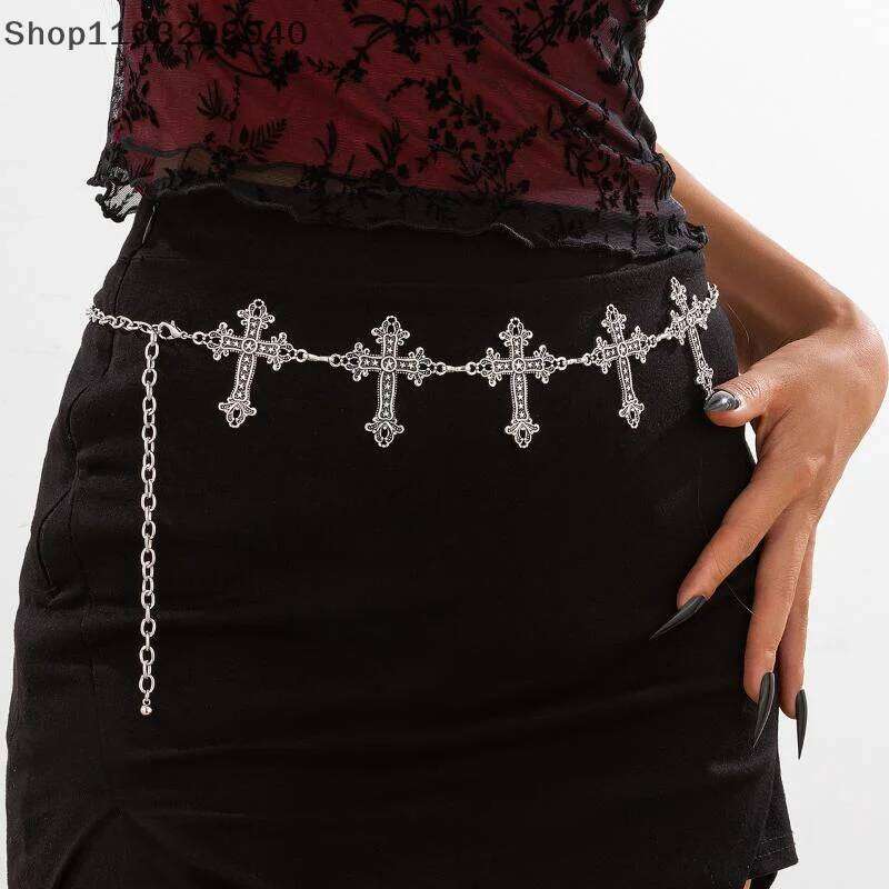 Adjustable Gothic Cross Y2K Waist Chain Silver Metal Vintage Belt For Women, Fashion Body Jewelry H260228