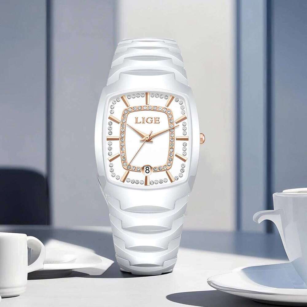 LIGE New Creative Women Ceramic Wrist es Ladies Square Waterproof Female H260228