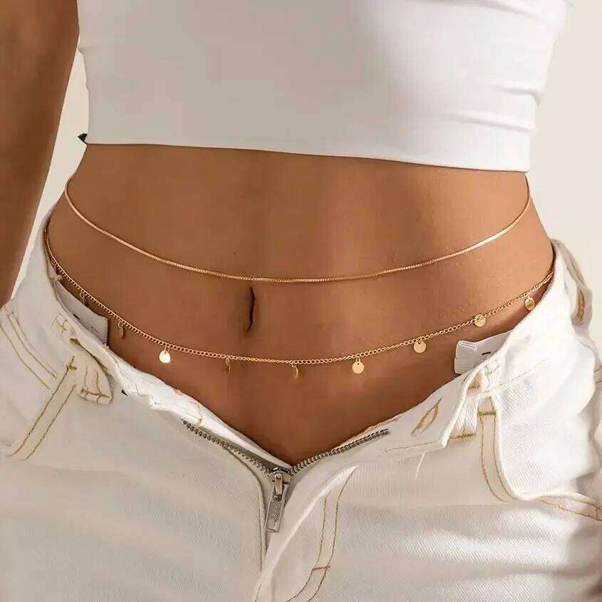 2Pcs/Set Sexy Sequins Belly Waist for Women Summer Bikini Gold Color Multilayer Thin Chain Body Jewelry Y2K Accessories H260228