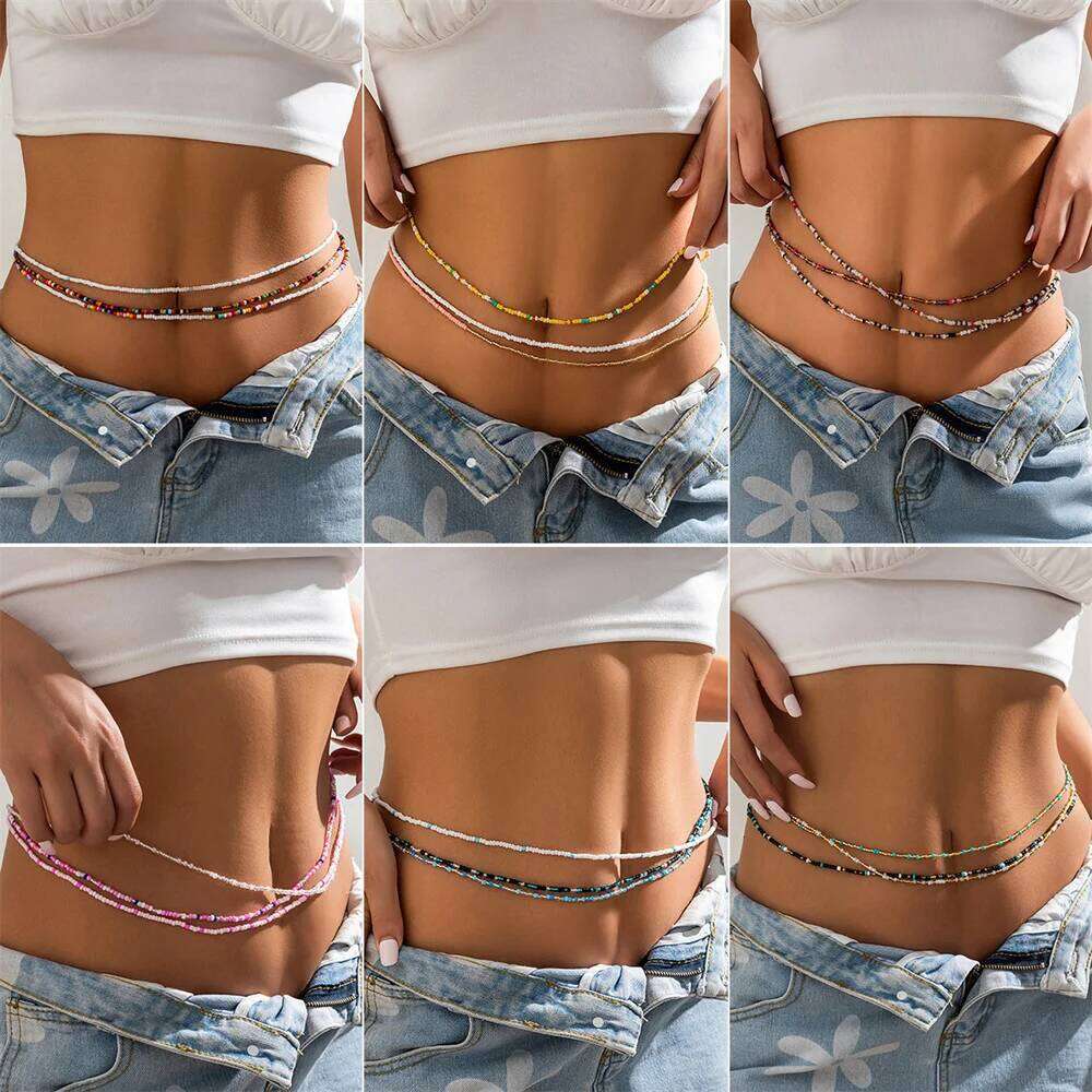 3-Pcs Colorful Waist Chain Set Women Boho Beaded Body Jewelry Adjustable Layered Belly Chains Beach Festival Accessories H260228