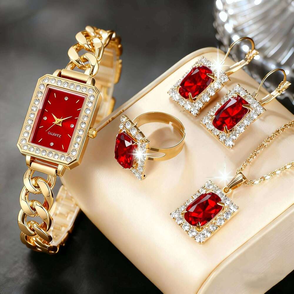 1/5PCS Elegant Women Quartz Earrings Necklace Ring Set Fashion Rectangle Dia Band Ladies WristWithout Box H260228