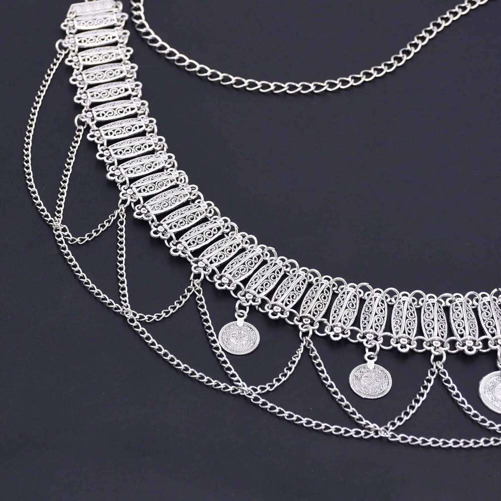 Vintage Zinc Alloy Antique Silver Waist Exotic Style Multi-layer Coin Pendant Body Chain Women Belt H260228