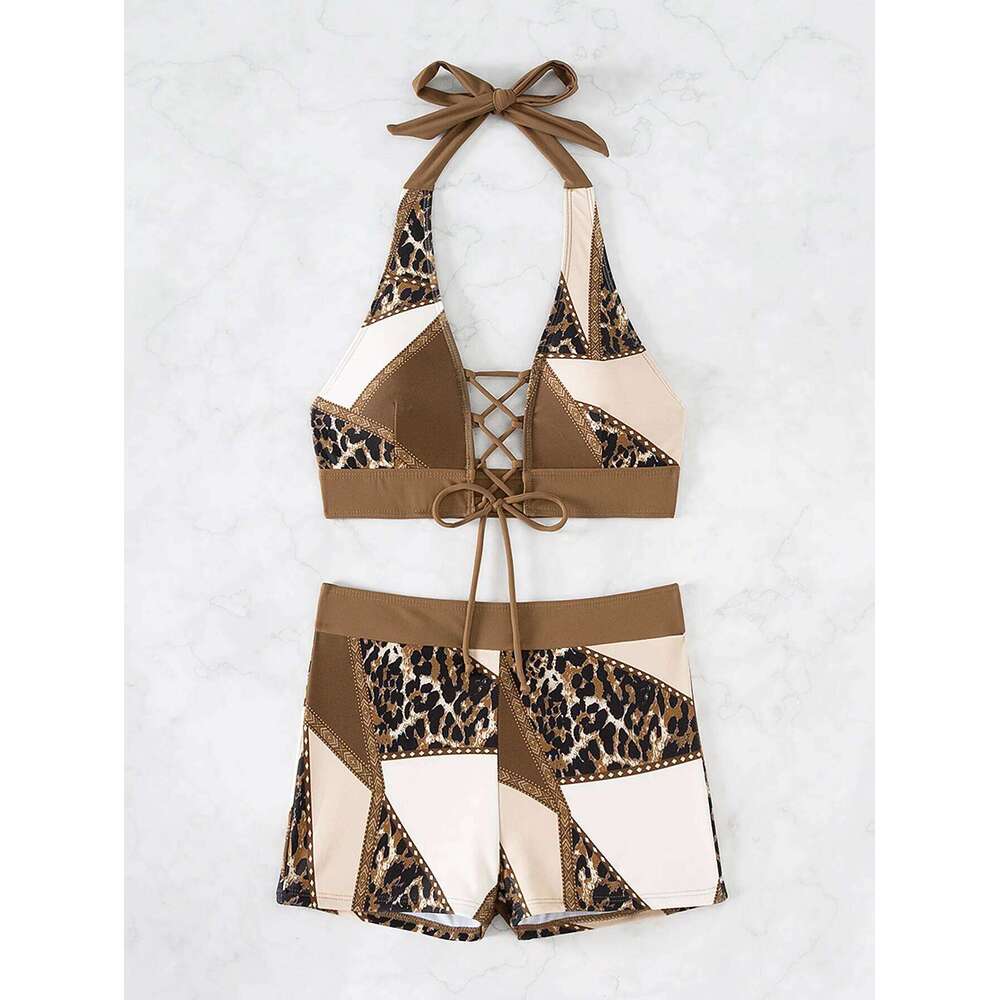 Leopard Print Solid Color Bikini Set Criss Cross Back & Adjustable Tie Side Sexy Two Piece for Beach Summer Holiday Beachwears Z260301